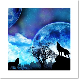 Howling Wolves with Full Moon Posters and Art